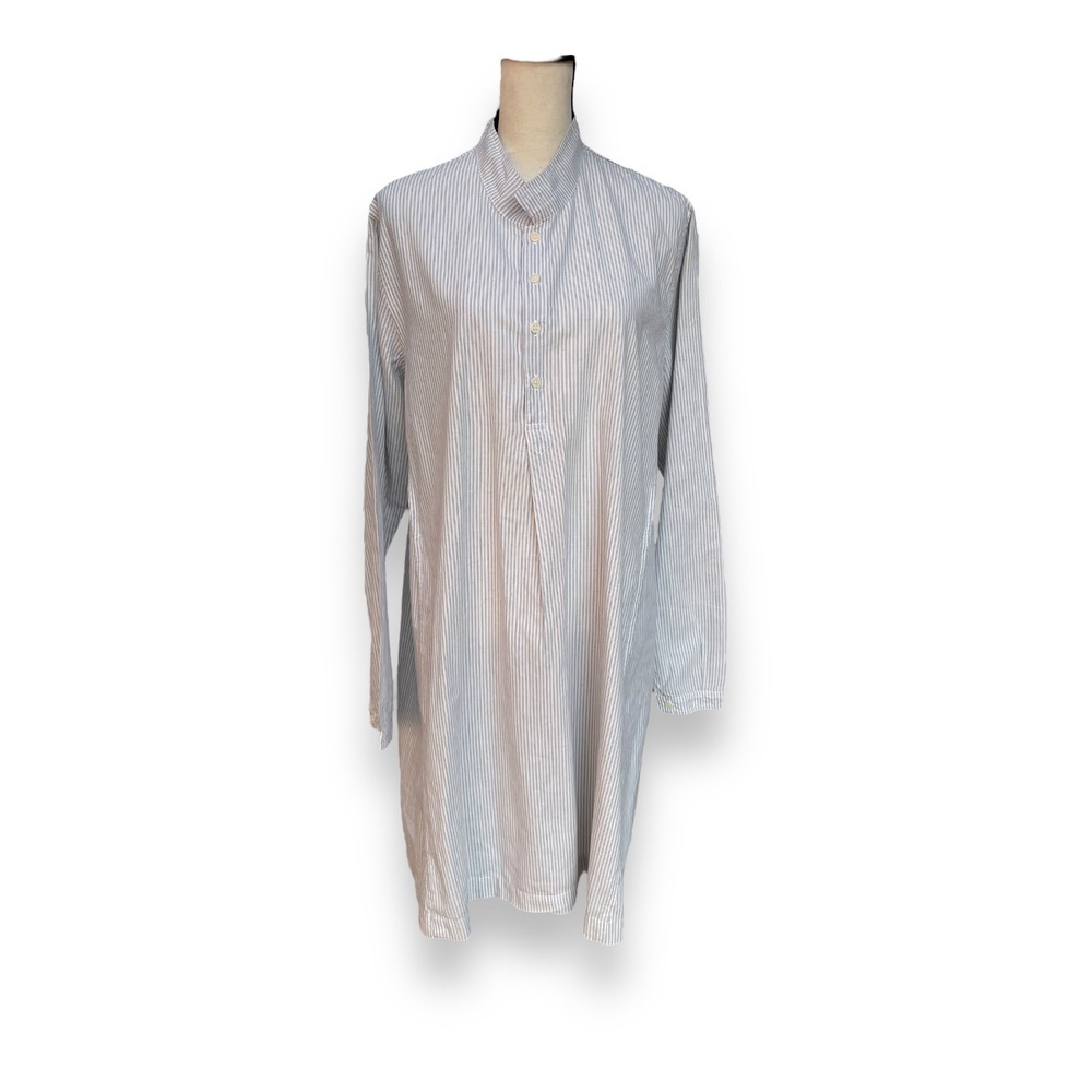 CP Shades Blue White Striped Cotton Linen Tunic Shirt Dress Mandarin Collar L
